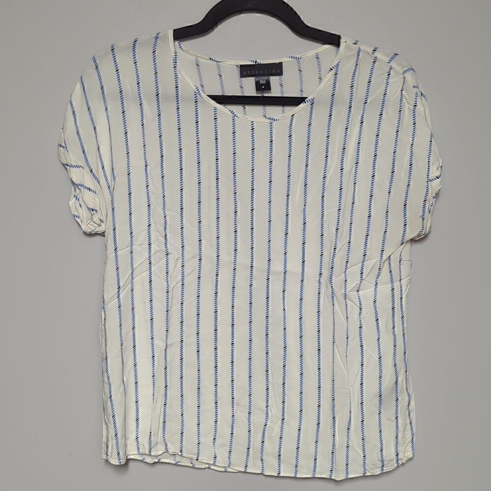 attention White Striped Cap Sleeve Blouse